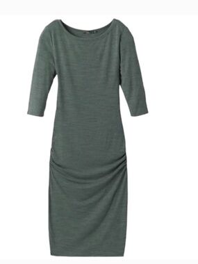 Prana Nanette Heathered Green Ruched 3/4 sleeve Midi Dress Sz M